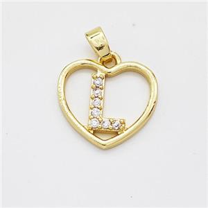 Copper Heart Pendant Pave Zirconia Letter-L Gold Plated, approx 16mm