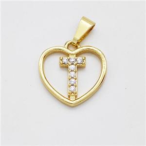 Copper Heart Pendant Pave Zirconia Letter-T Gold Plated, approx 16mm