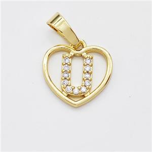 Copper Heart Pendant Pave Zirconia Letter-U Gold Plated, approx 16mm