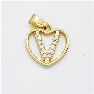 Copper Heart Pendant Pave Zirconia Letter-V Gold Plated, approx 16mm