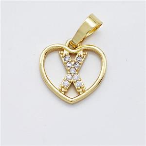 Copper Heart Pendant Pave Zirconia Letter-X Gold Plated, approx 16mm