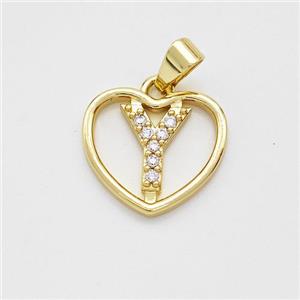 Copper Heart Pendant Pave Zirconia Letter-Y Gold Plated, approx 16mm