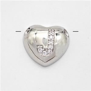 Copper Heart Pendant Pave Zirconia Letter-J Large Hole Platinum Plated, approx 16mm, 3mm hole