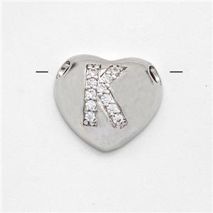 Copper Heart Pendant Pave Zirconia Letter-K Large Hole Platinum Plated, approx 16mm, 3mm hole