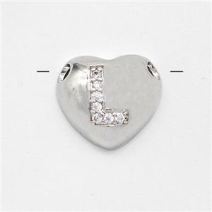 Copper Heart Pendant Pave Zirconia Letter-L Large Hole Platinum Plated, approx 16mm, 3mm hole