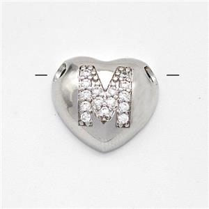 Copper Heart Pendant Pave Zirconia Letter-M Large Hole Platinum Plated, approx 16mm, 3mm hole