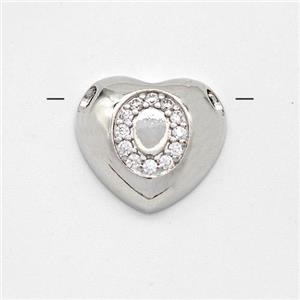 Copper Heart Pendant Pave Zirconia Letter-O Large Hole Platinum Plated, approx 16mm, 3mm hole