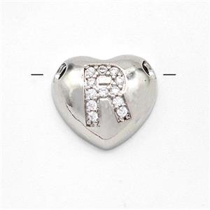 Copper Heart Pendant Pave Zirconia Letter-R Large Hole Platinum Plated, approx 16mm, 3mm hole