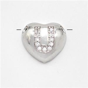 Copper Heart Pendant Pave Zirconia Letter-U Large Hole Platinum Plated, approx 16mm, 3mm hole