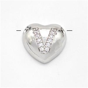 Copper Heart Pendant Pave Zirconia Letter-V Large Hole Platinum Plated, approx 16mm, 3mm hole