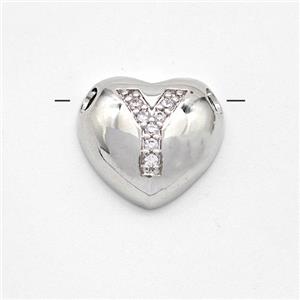 Copper Heart Pendant Pave Zirconia Letter-Y Large Hole Platinum Plated, approx 16mm, 3mm hole