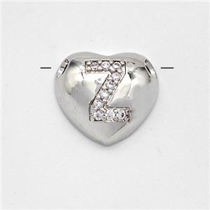 Copper Heart Pendant Pave Zirconia Letter-Z Large Hole Platinum Plated, approx 16mm, 3mm hole