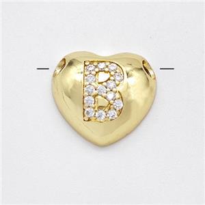 Copper Heart Pendant Pave Zirconia Letter-B Large Hole Gold Plated, approx 16mm, 3mm hole