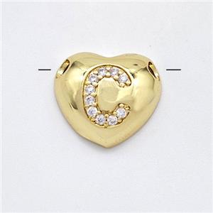 Copper Heart Pendant Pave Zirconia Letter-C Large Hole Gold Plated, approx 16mm, 3mm hole