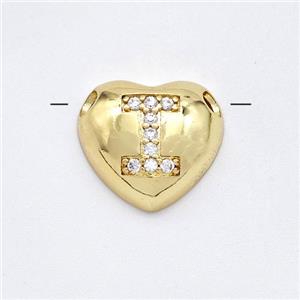 Copper Heart Pendant Pave Zirconia Letter-I Large Hole Gold Plated, approx 16mm, 3mm hole