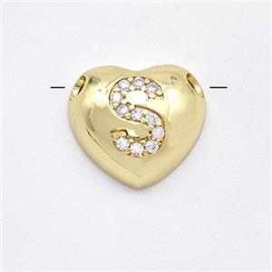 Copper Heart Pendant Pave Zirconia Letter-S Large Hole Gold Plated, approx 16mm, 3mm hole