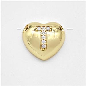 Copper Heart Pendant Pave Zirconia Letter-T Large Hole Gold Plated, approx 16mm, 3mm hole