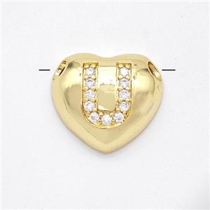 Copper Heart Pendant Pave Zirconia Letter-U Large Hole Gold Plated, approx 16mm, 3mm hole