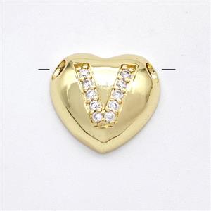 Copper Heart Pendant Pave Zirconia Letter-V Large Hole Gold Plated, approx 16mm, 3mm hole