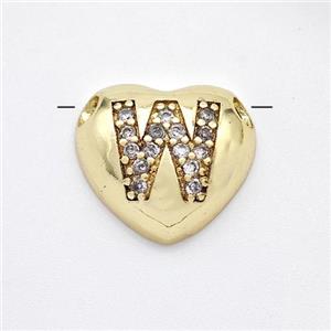 Copper Heart Pendant Pave Zirconia Letter-W Large Hole Gold Plated, approx 16mm, 3mm hole