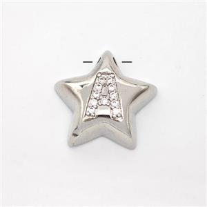 Copper Star Pendant Pave Zirconia Letter-A Large Hole Platinum Plated, approx 16mm, 3mm hole