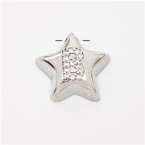 Copper Star Pendant Pave Zirconia Letter-B Large Hole Platinum Plated, approx 16mm, 3mm hole