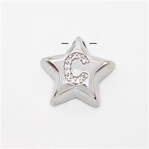 Copper Star Pendant Pave Zirconia Letter-C Large Hole Platinum Plated, approx 16mm, 3mm hole