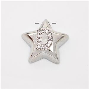 Copper Star Pendant Pave Zirconia Letter-D Large Hole Platinum Plated, approx 16mm, 3mm hole