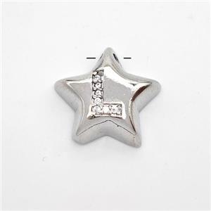 Copper Star Pendant Pave Zirconia Letter-L Large Hole Platinum Plated, approx 16mm, 3mm hole