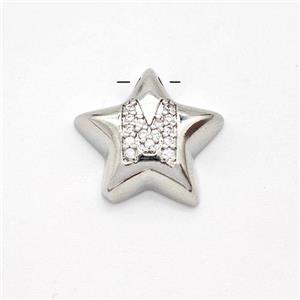 Copper Star Pendant Pave Zirconia Letter-M Large Hole Platinum Plated, approx 16mm, 3mm hole