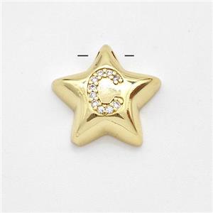 Copper Star Pendant Pave Zirconia Letter-C Large Hole Gold Plated, approx 16mm, 3mm hole