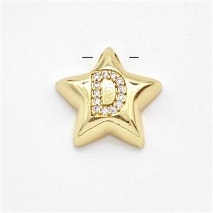 Copper Star Pendant Pave Zirconia Letter-D Large Hole Gold Plated, approx 16mm, 3mm hole