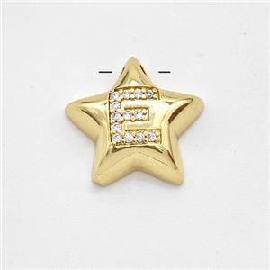 Copper Star Pendant Pave Zirconia Letter-E Large Hole Gold Plated, approx 16mm, 3mm hole