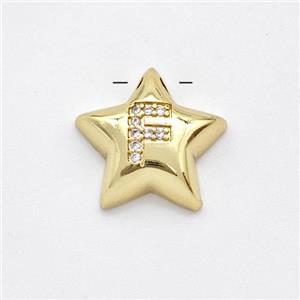 Copper Star Pendant Pave Zirconia Letter-F Large Hole Gold Plated, approx 16mm, 3mm hole