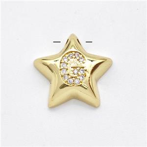 Copper Star Pendant Pave Zirconia Letter-G Large Hole Gold Plated, approx 16mm, 3mm hole