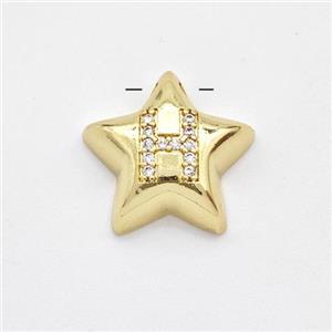 Copper Star Pendant Pave Zirconia Letter-H Large Hole Gold Plated, approx 16mm, 3mm hole