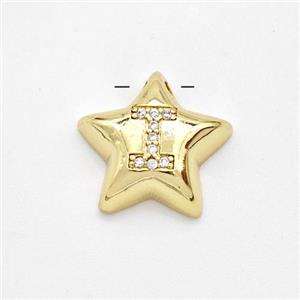 Copper Star Pendant Pave Zirconia Letter-I Large Hole Gold Plated, approx 16mm, 3mm hole