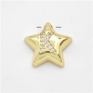 Copper Star Pendant Pave Zirconia Letter-K Large Hole Gold Plated, approx 16mm, 3mm hole