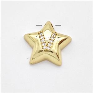 Copper Star Pendant Pave Zirconia Letter-V Large Hole Gold Plated, approx 16mm, 3mm hole