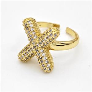 Copper Ring Pave Zirconia Letter-X Gold Plated, approx 14-19mm, 18mm dia