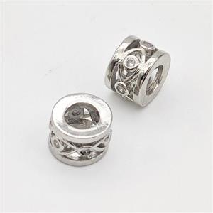 Copper Tube Beads Pave Zirconia Hollow Large Hole Platinum Plated, approx 6-8mm, 4mm hole