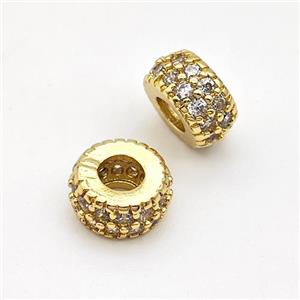 Copper Rondelle Beads Micro Pave Zirconia Large Hole Gold Plated, approx 8mm, 3mm hole