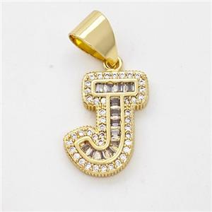 Copper Pendant Pave Zirconia Letter-J Gold Plated, approx 13-18mm