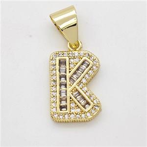 Copper Pendant Pave Zirconia Letter-K Gold Plated, approx 13-18mm