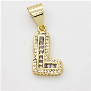 Copper Pendant Pave Zirconia Letter-L Gold Plated, approx 13-18mm