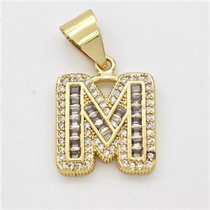 Copper Pendant Pave Zirconia Letter-M Gold Plated, approx 13-18mm