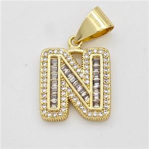 Copper Pendant Pave Zirconia Letter-N Gold Plated, approx 13-18mm