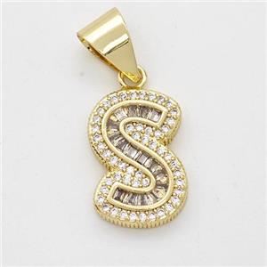 Copper Pendant Pave Zirconia Letter-S Gold Plated, approx 13-18mm