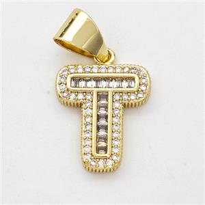 Copper Pendant Pave Zirconia Letter-T Gold Plated, approx 13-18mm