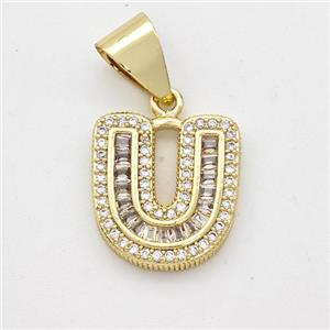 Copper Pendant Pave Zirconia Letter-U Gold Plated, approx 13-18mm